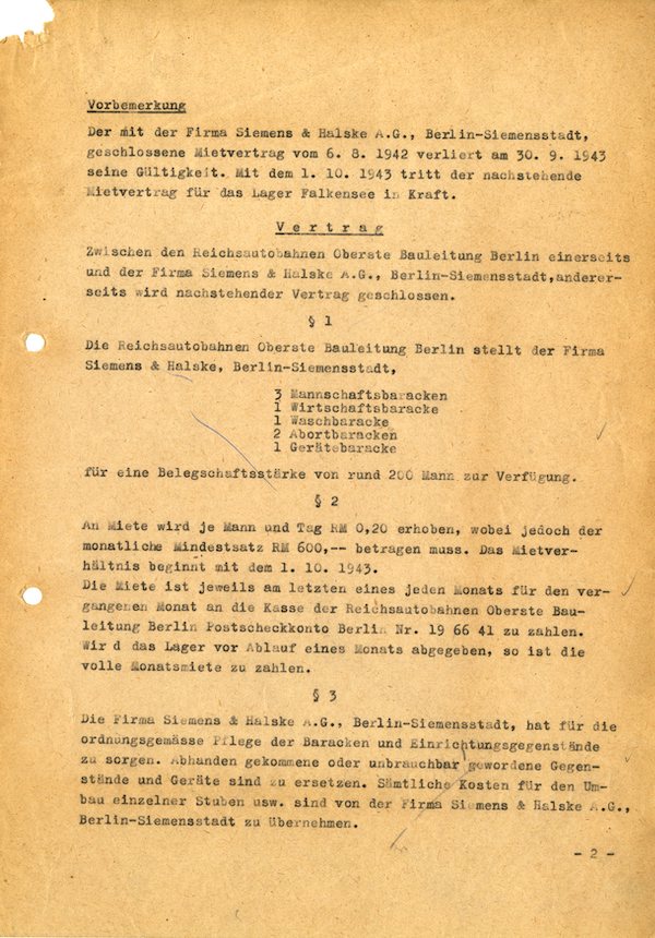 Vertrag Lager Falkensee vom 1. Oktober 1943 © Siemens Historical Institute, Sign. 18625-4