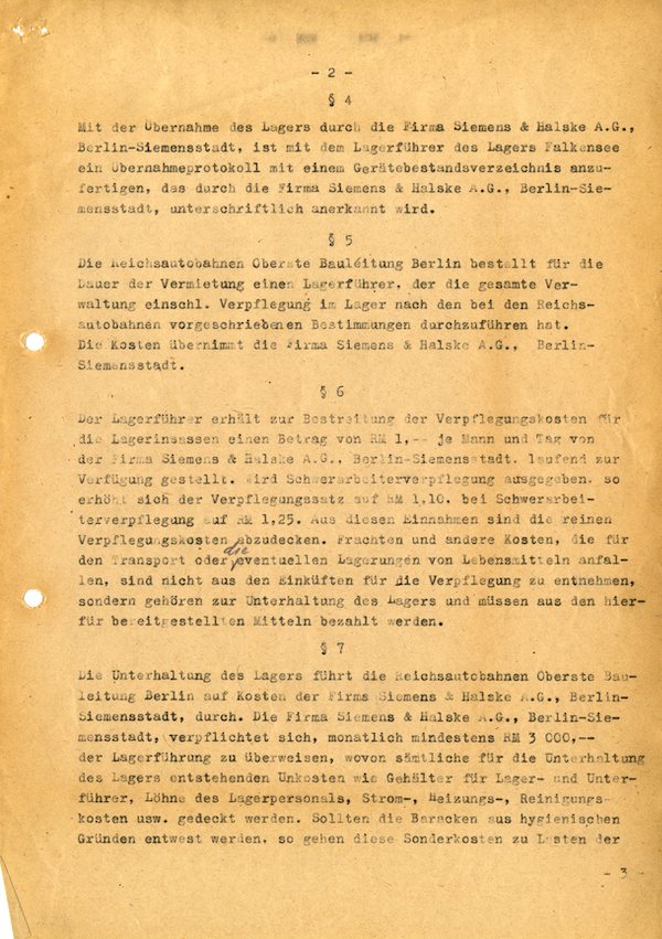 Vertrag Lager Falkensee vom 1. Oktober 1943 © Siemens Historical Institute, Sign. 18625-4