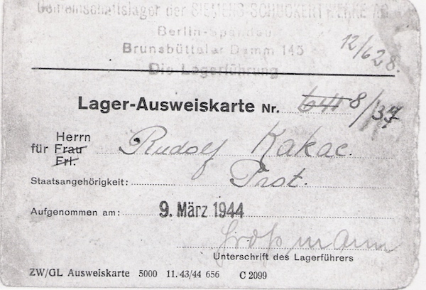 Personalausweis für den tschechischen Zwangsarbeiter Rudolf Kakac, 9. März 1944 © Dokumentationszentrum NS-Zwangsarbeit/Sammlung Berliner Geschichtswerkstatt