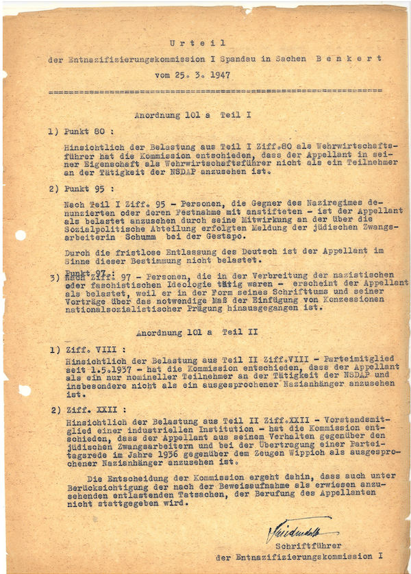Urteil der Entnazifizierungskommission I Spandau in Sachen Benkert, Berlin, 25. März 1947 © Landesarchiv Berlin, B Rep. 031-01-02, Nr. 7200 (Bd. 2)